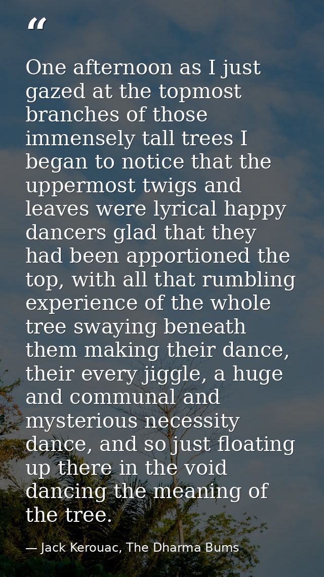 One afternoon as I just gazed at the topmost branches of those immensely tall trees I began to notice that the uppermost — Jack Kerouac, The Dharma Bums
