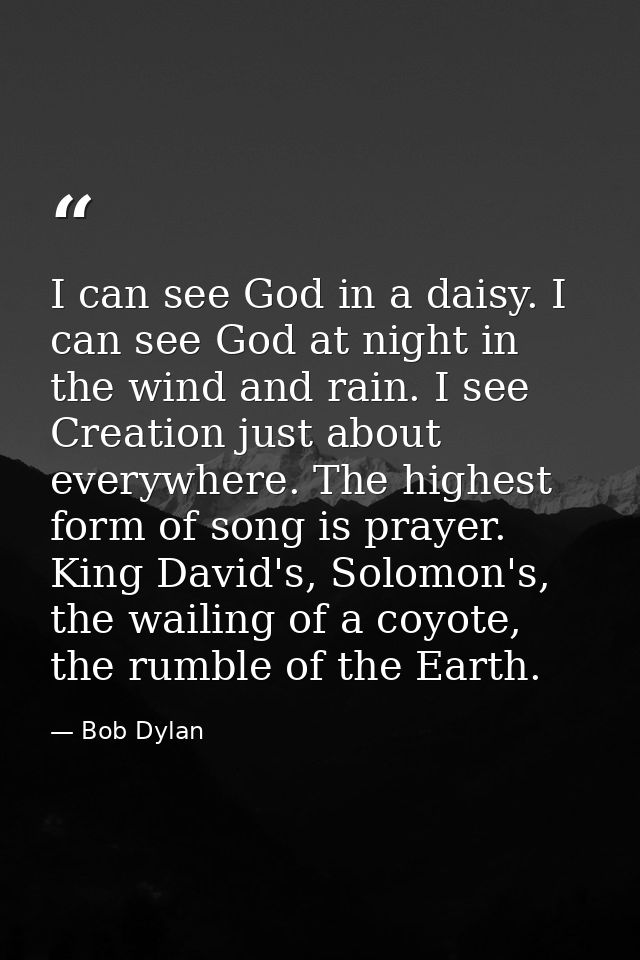 I can see God in a daisy. I can see God at night in the wind and rain. I see Creation just about everywhere. The highest — Bob Dylan