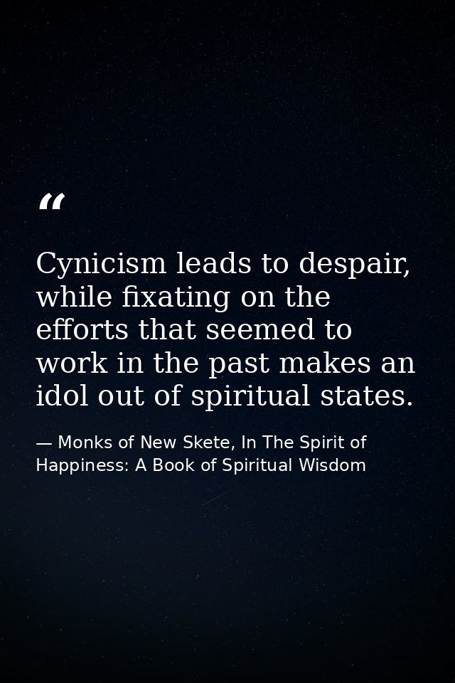 Cynicism leads to despair, while fixating on the efforts that seemed to work in the past makes an idol out of spiritual  — Monks of New Skete, In The Spirit of Happiness: A Book of Spiritual Wisdom