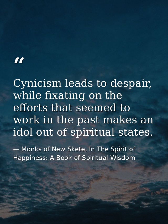 Cynicism leads to despair, while fixating on the efforts that seemed to work in the past makes an idol out of spiritual  — Monks of New Skete, In The Spirit of Happiness: A Book of Spiritual Wisdom
