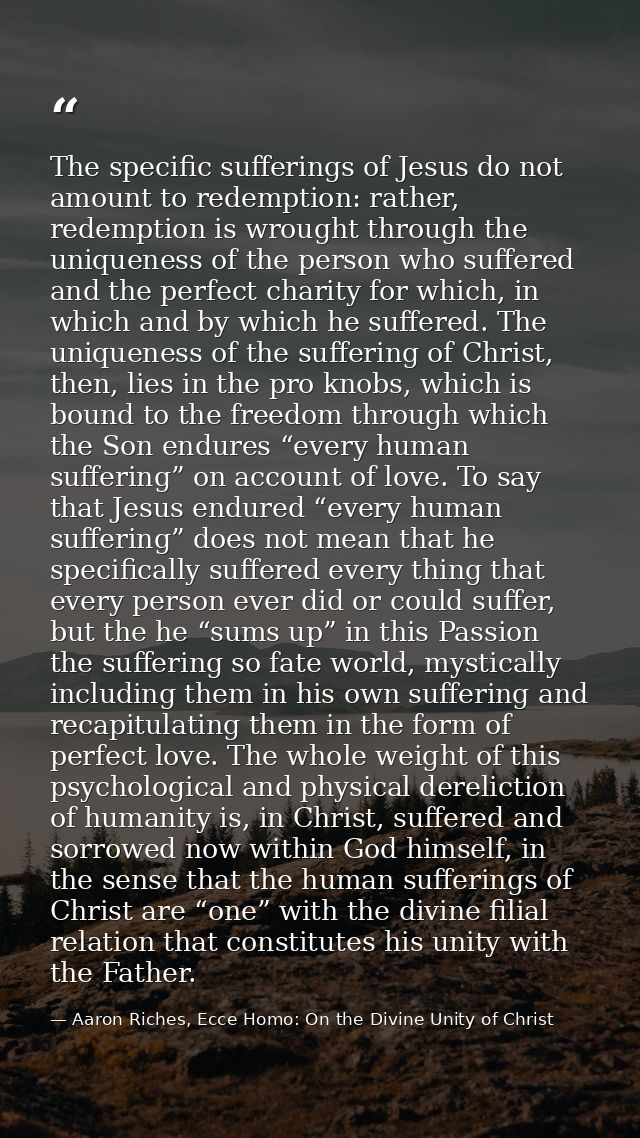 The specific sufferings of Jesus do not amount to redemption: rather, redemption is wrought through the uniqueness of th — Aaron Riches, Ecce Homo: On the Divine Unity of Christ