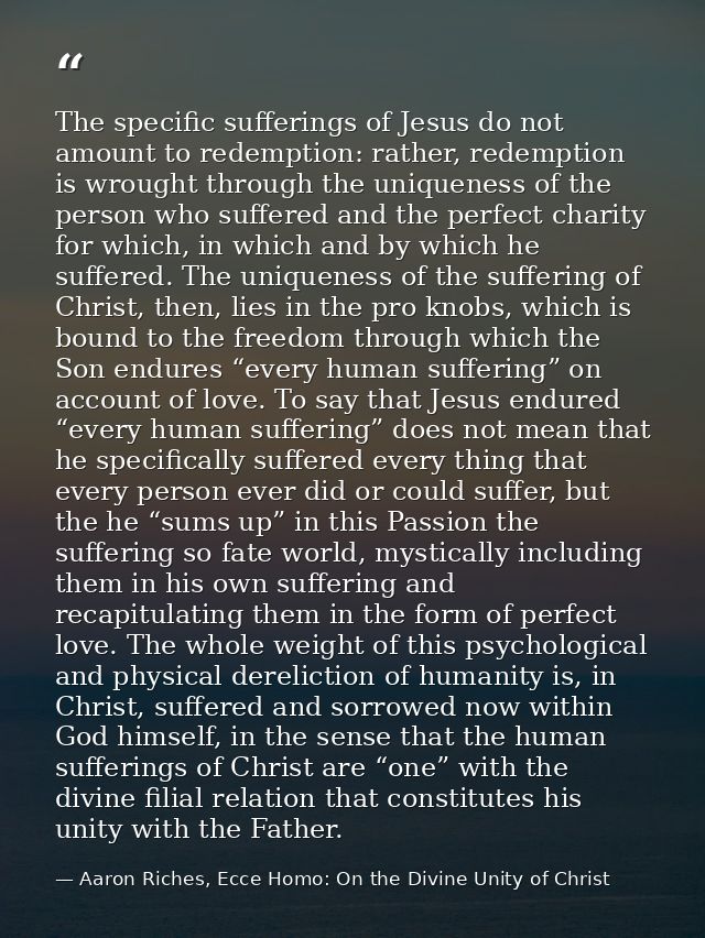 The specific sufferings of Jesus do not amount to redemption: rather, redemption is wrought through the uniqueness of th — Aaron Riches, Ecce Homo: On the Divine Unity of Christ