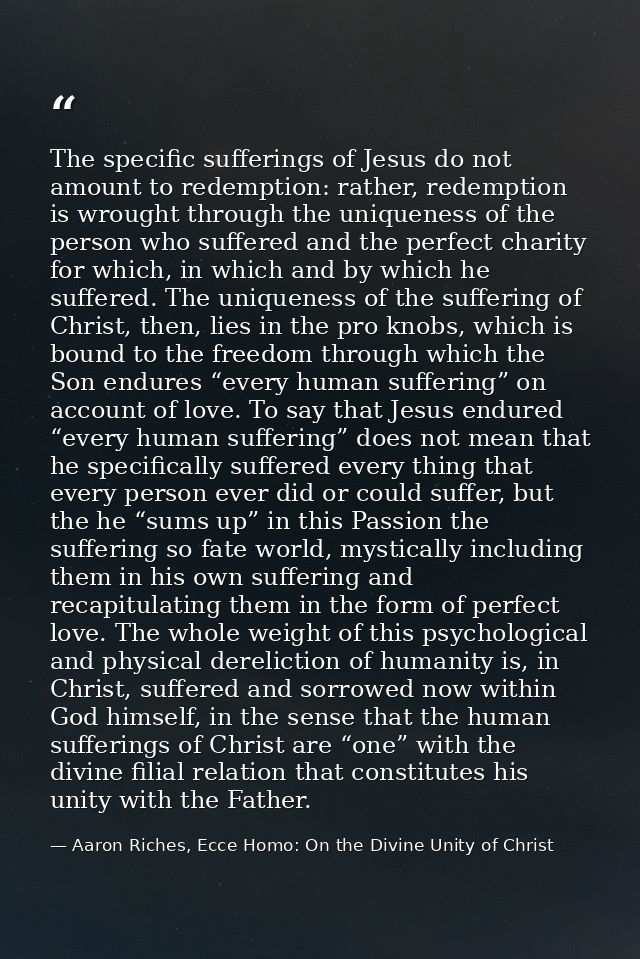 The specific sufferings of Jesus do not amount to redemption: rather, redemption is wrought through the uniqueness of th — Aaron Riches, Ecce Homo: On the Divine Unity of Christ