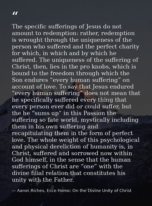 The specific sufferings of Jesus do not amount to redemption: rather, redemption is wrought through the uniqueness of th — Aaron Riches, Ecce Homo: On the Divine Unity of Christ