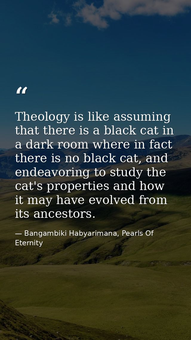 Theology is like assuming that there is a black cat in a dark room where in fact there is no black cat, and endeavoring  — Bangambiki Habyarimana, Pearls Of Eternity