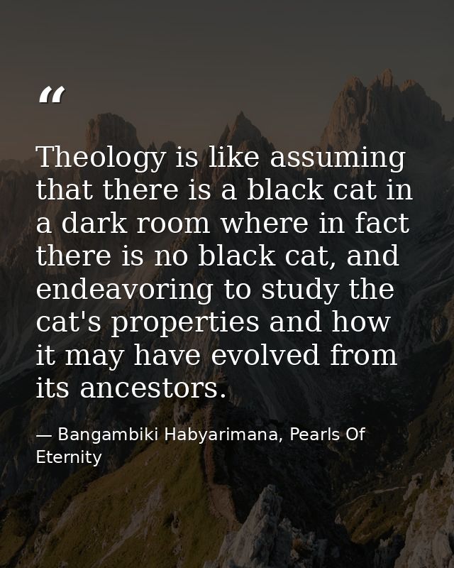 Theology is like assuming that there is a black cat in a dark room where in fact there is no black cat, and endeavoring  — Bangambiki Habyarimana, Pearls Of Eternity