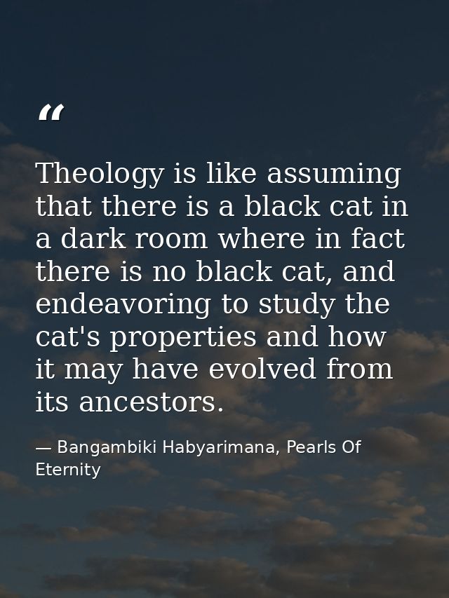 Theology is like assuming that there is a black cat in a dark room where in fact there is no black cat, and endeavoring  — Bangambiki Habyarimana, Pearls Of Eternity