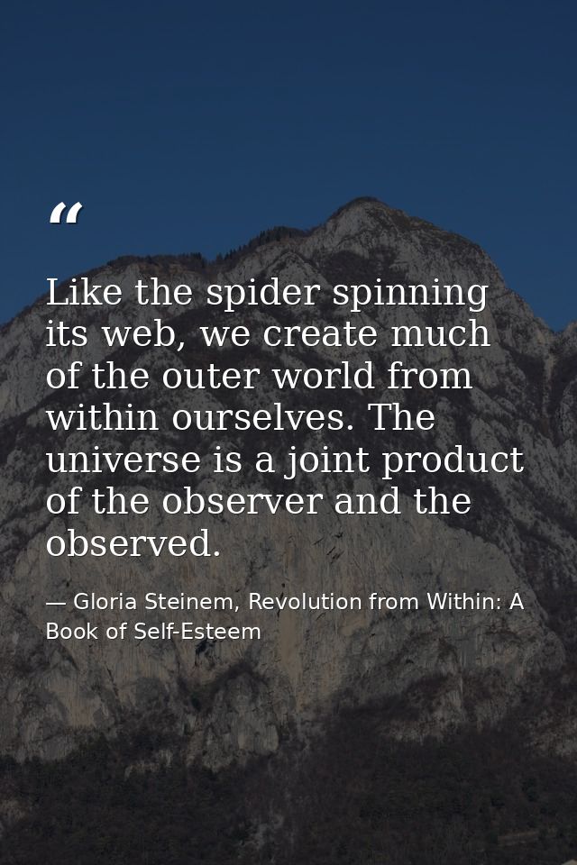 Like the spider spinning its web, we create much of the outer world from within ourselves. The universe is a joint produ — Gloria Steinem, Revolution from Within: A Book of Self-Esteem