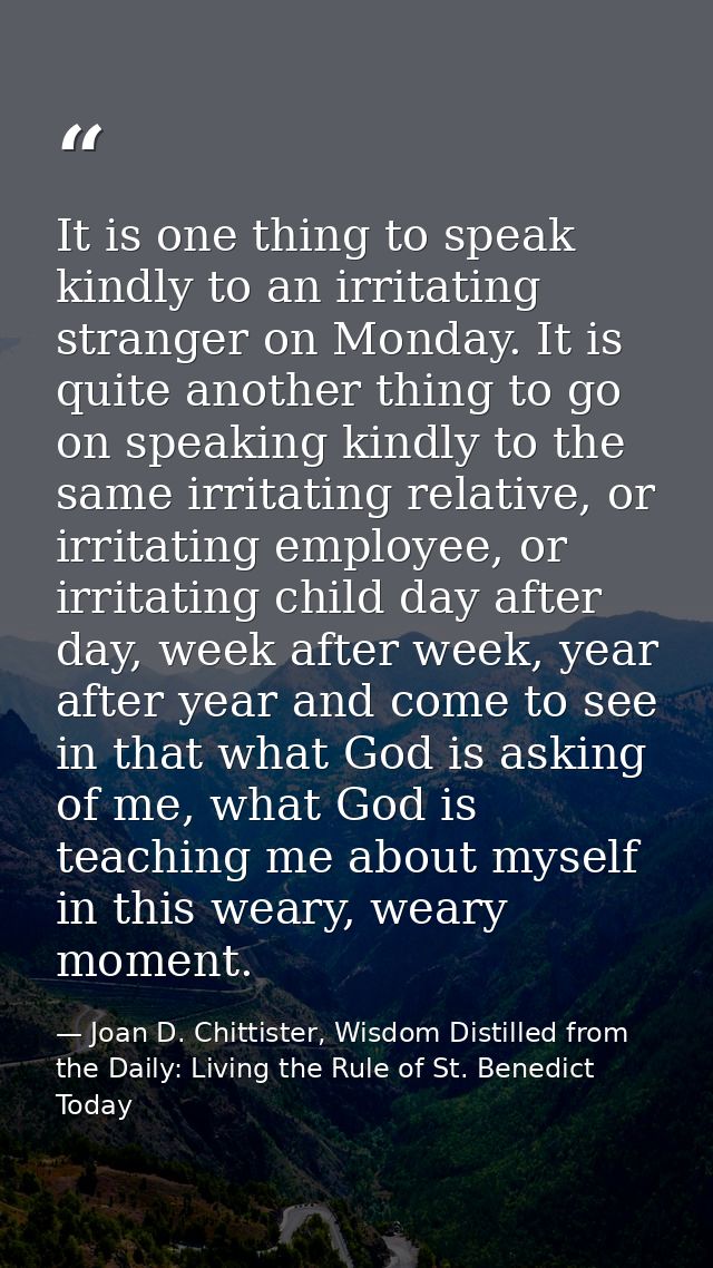 It is one thing to speak kindly to an irritating stranger on Monday. It is quite another thing to go on speaking kindly  — Joan D. Chittister, Wisdom Distilled from the Daily: Living the Rule of St. Benedict Today