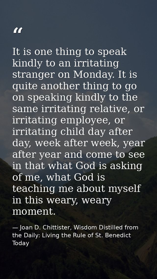 It is one thing to speak kindly to an irritating stranger on Monday. It is quite another thing to go on speaking kindly  — Joan D. Chittister, Wisdom Distilled from the Daily: Living the Rule of St. Benedict Today
