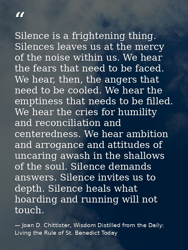 Silence is a frightening thing. Silences leaves us at the mercy of the noise within us. We hear the fears that need to b — Joan D. Chittister, Wisdom Distilled from the Daily: Living the Rule of St. Benedict Today