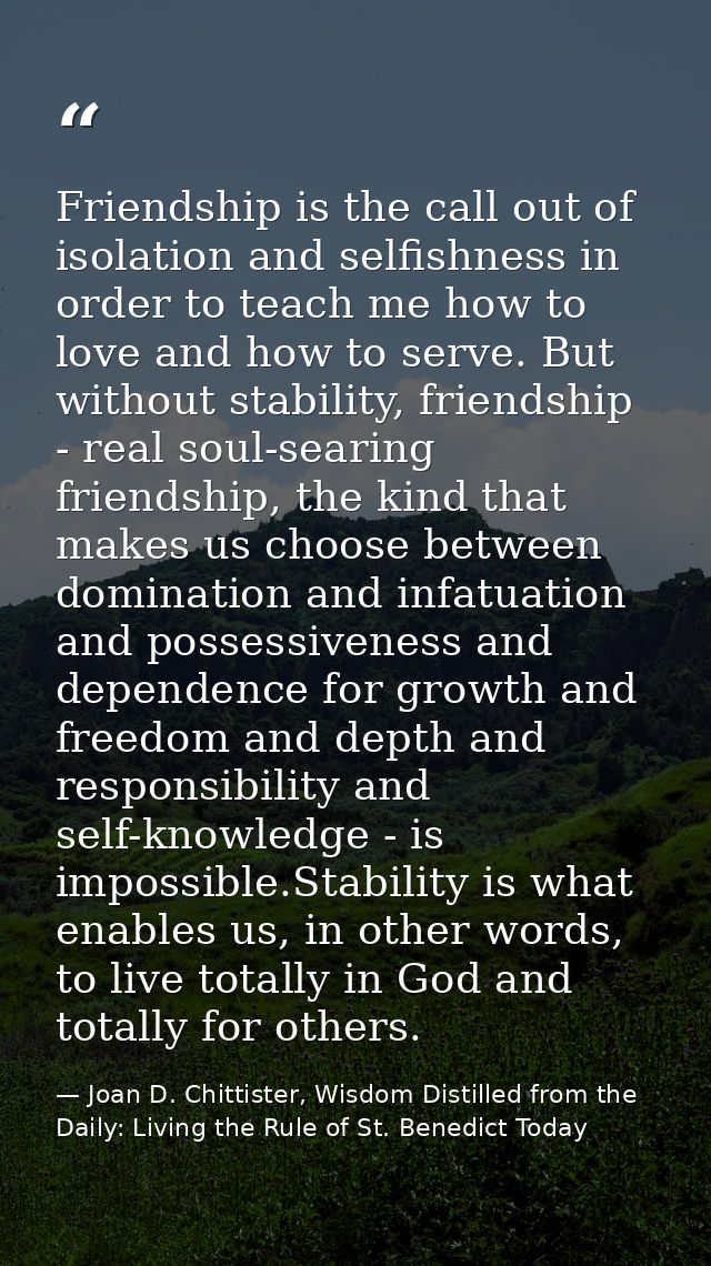 Friendship is the call out of isolation and selfishness in order to teach me how to love and how to serve. But without s — Joan D. Chittister, Wisdom Distilled from the Daily: Living the Rule of St. Benedict Today