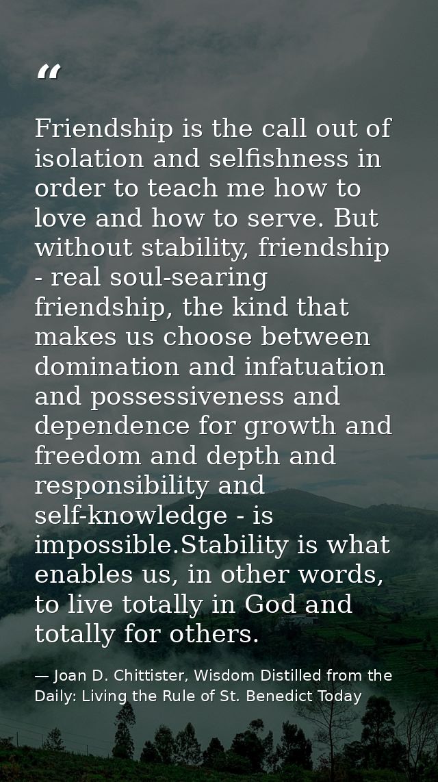 Friendship is the call out of isolation and selfishness in order to teach me how to love and how to serve. But without s — Joan D. Chittister, Wisdom Distilled from the Daily: Living the Rule of St. Benedict Today