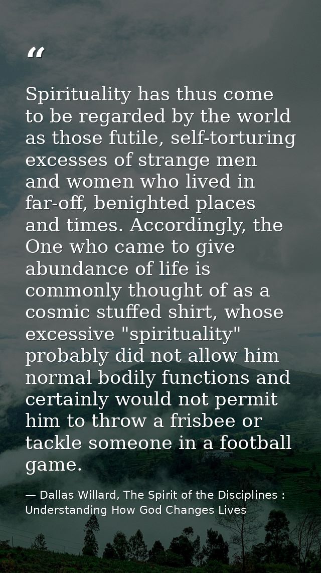 Spirituality has thus come to be regarded by the world as those futile, self-torturing excesses of strange men and women — Dallas Willard, The Spirit of the Disciplines : Understanding How God Changes Lives