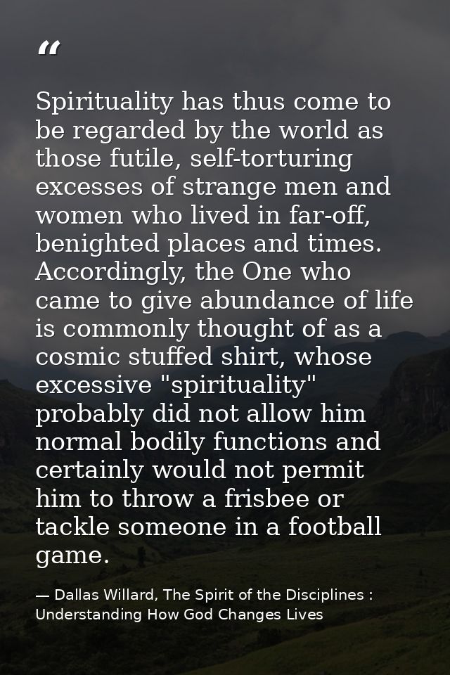 Spirituality has thus come to be regarded by the world as those futile, self-torturing excesses of strange men and women — Dallas Willard, The Spirit of the Disciplines : Understanding How God Changes Lives
