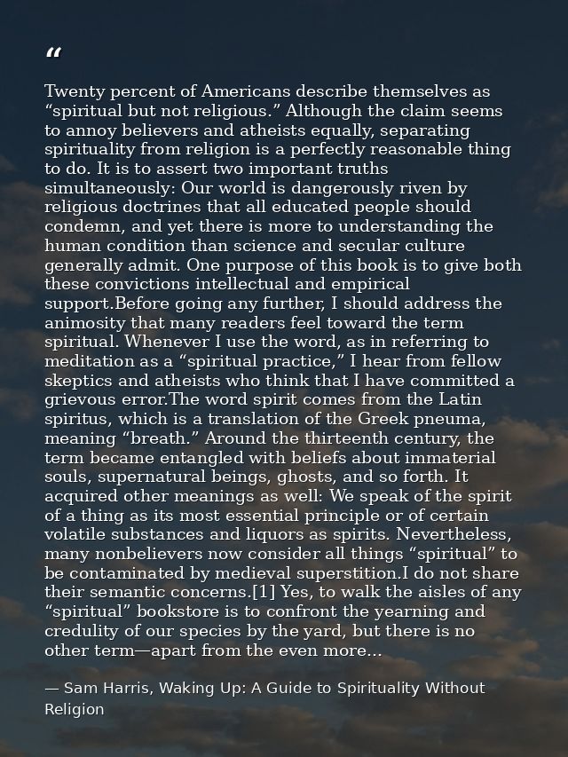 Twenty percent of Americans describe themselves as “spiritual but not religious.” Although the claim seems to annoy beli — Sam Harris, Waking Up: A Guide to Spirituality Without Religion