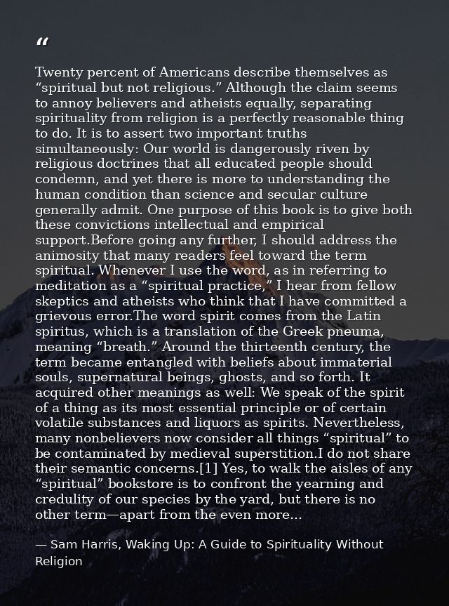 Twenty percent of Americans describe themselves as “spiritual but not religious.” Although the claim seems to annoy beli — Sam Harris, Waking Up: A Guide to Spirituality Without Religion