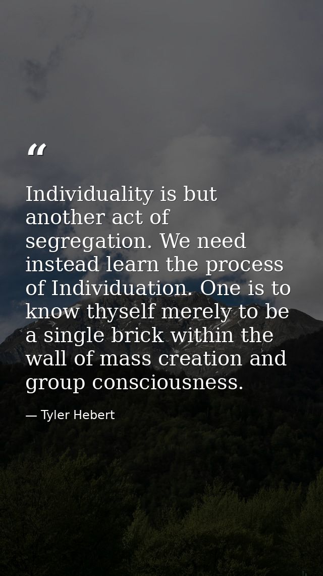 Individuality is but another act of segregation. We need instead learn the process of Individuation. One is to know thys — Tyler Hebert