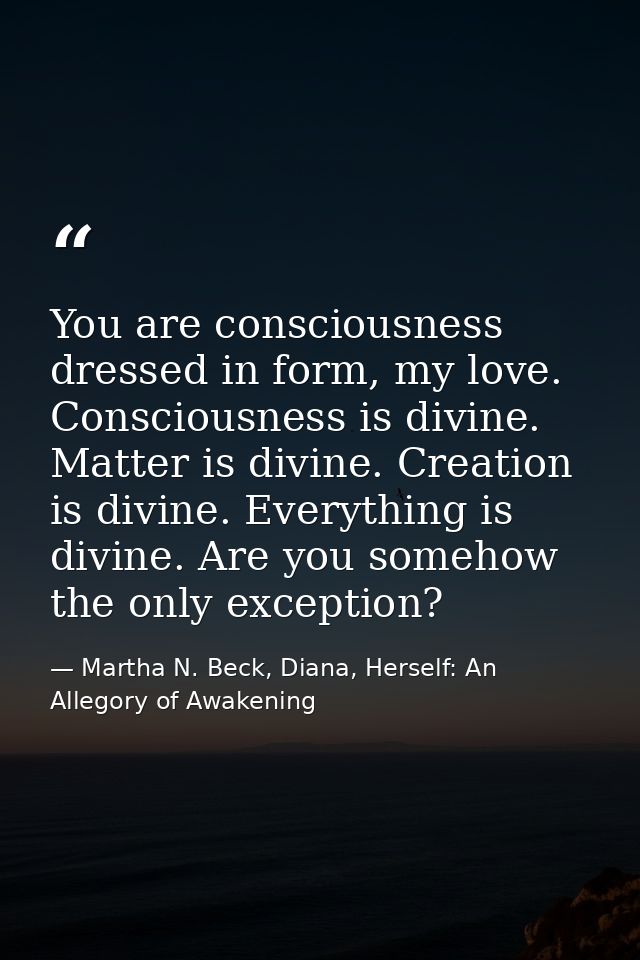 You are consciousness dressed in form, my love. Consciousness is divine. Matter is divine. Creation is divine. Everythin — Martha N. Beck, Diana, Herself: An Allegory of Awakening