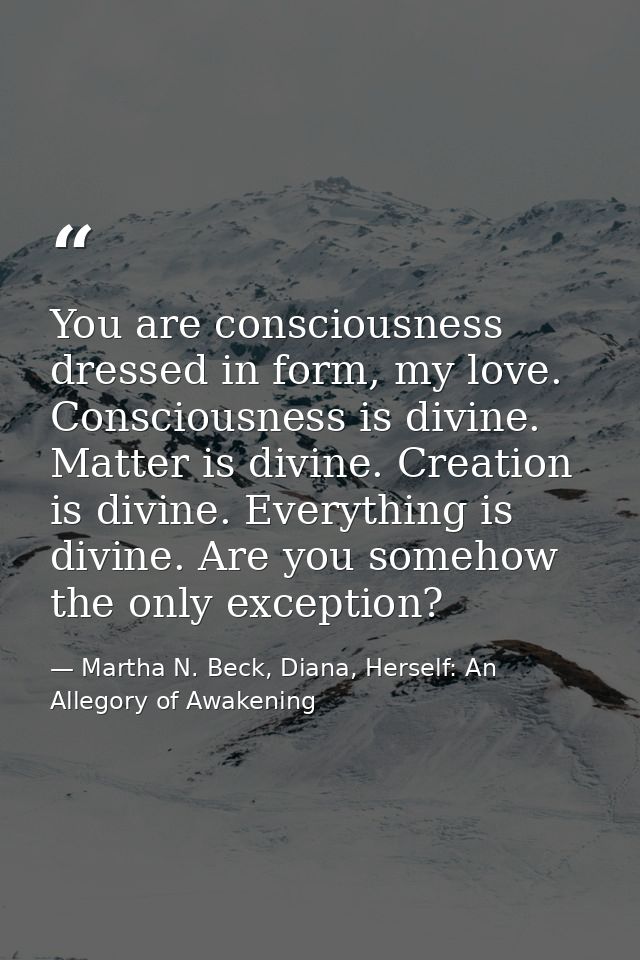 You are consciousness dressed in form, my love. Consciousness is divine. Matter is divine. Creation is divine. Everythin — Martha N. Beck, Diana, Herself: An Allegory of Awakening