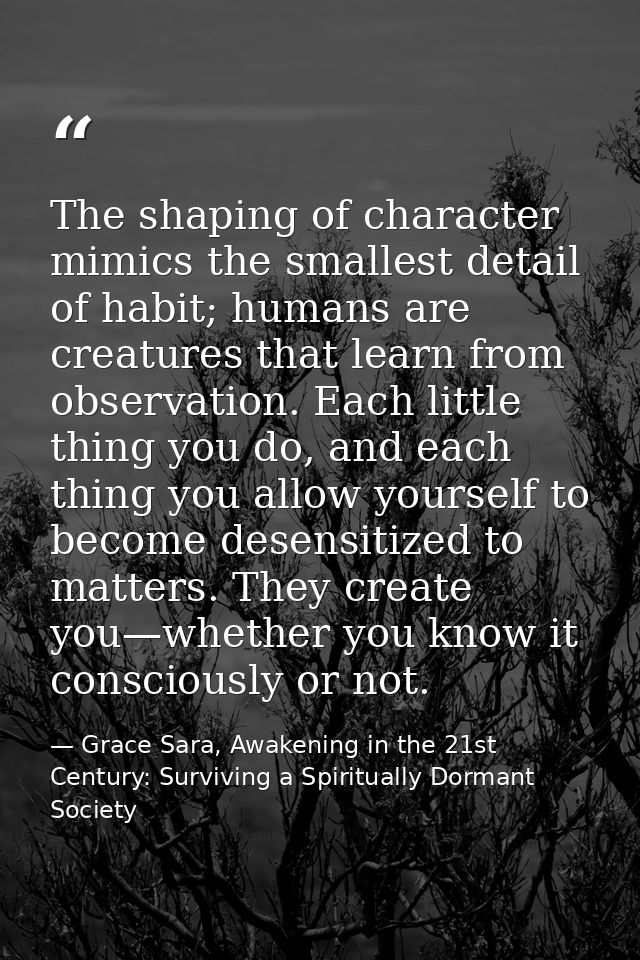 The shaping of character mimics the smallest detail of habit; humans are creatures that learn from observation. Each lit — Grace Sara, Awakening in the 21st Century: Surviving a Spiritually Dormant Society
