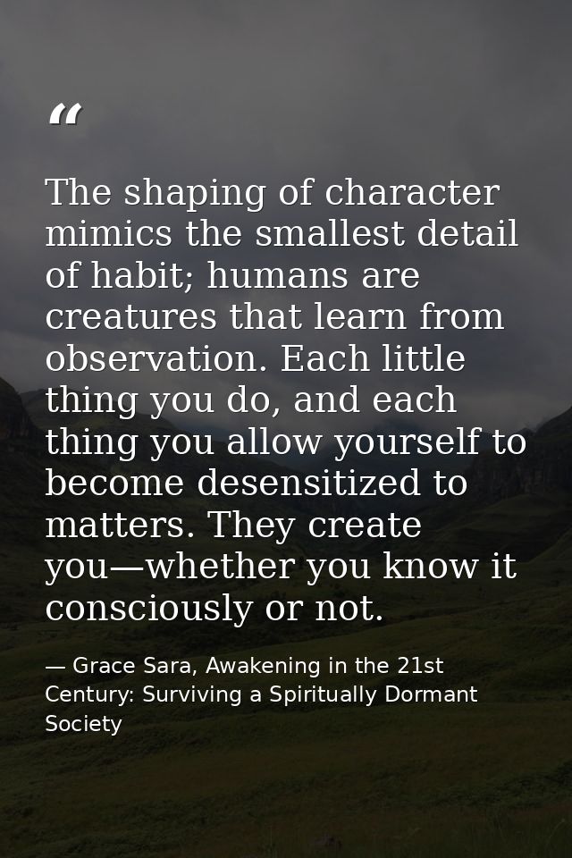 The shaping of character mimics the smallest detail of habit; humans are creatures that learn from observation. Each lit — Grace Sara, Awakening in the 21st Century: Surviving a Spiritually Dormant Society