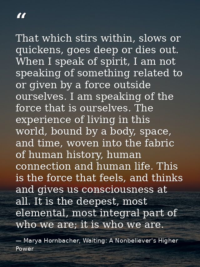 That which stirs within, slows or quickens, goes deep or dies out. When I speak of spirit, I am not speaking of somethin — Marya Hornbacher, Waiting: A Nonbeliever's Higher Power