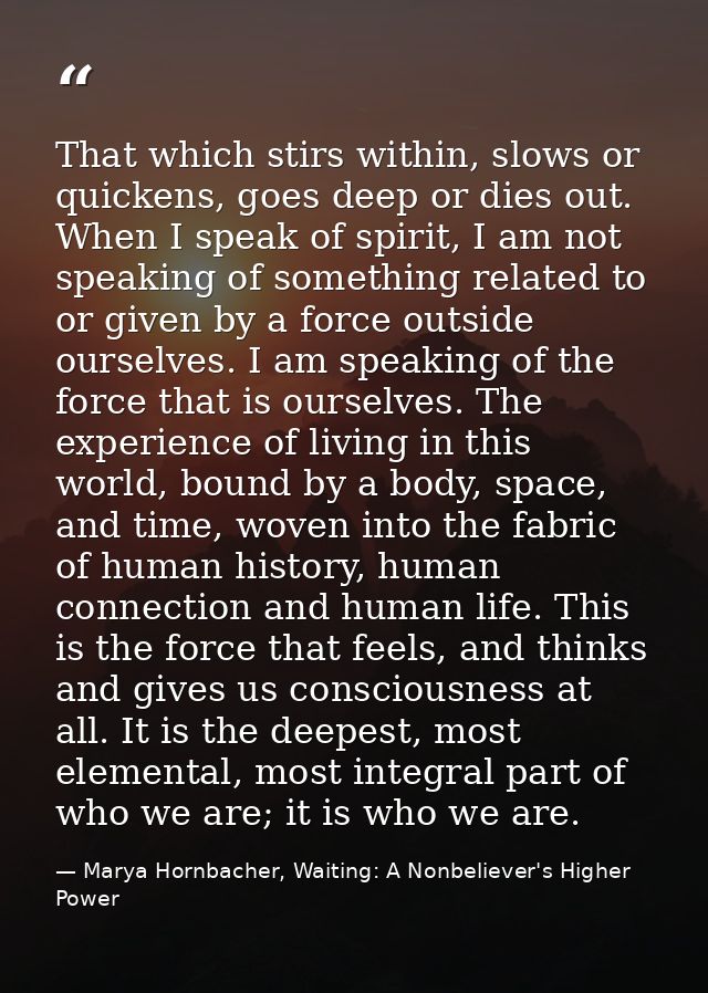 That which stirs within, slows or quickens, goes deep or dies out. When I speak of spirit, I am not speaking of somethin — Marya Hornbacher, Waiting: A Nonbeliever's Higher Power