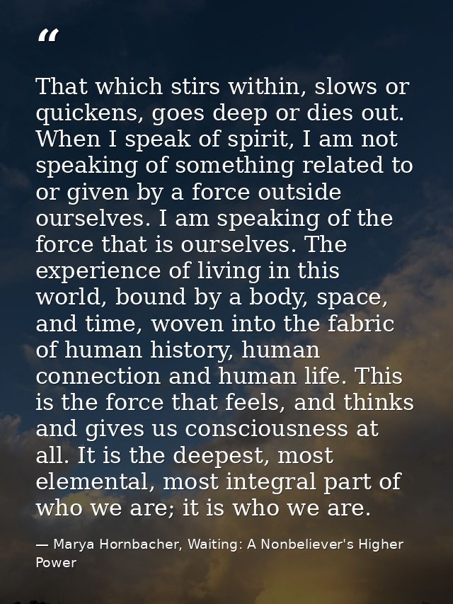 That which stirs within, slows or quickens, goes deep or dies out. When I speak of spirit, I am not speaking of somethin — Marya Hornbacher, Waiting: A Nonbeliever's Higher Power