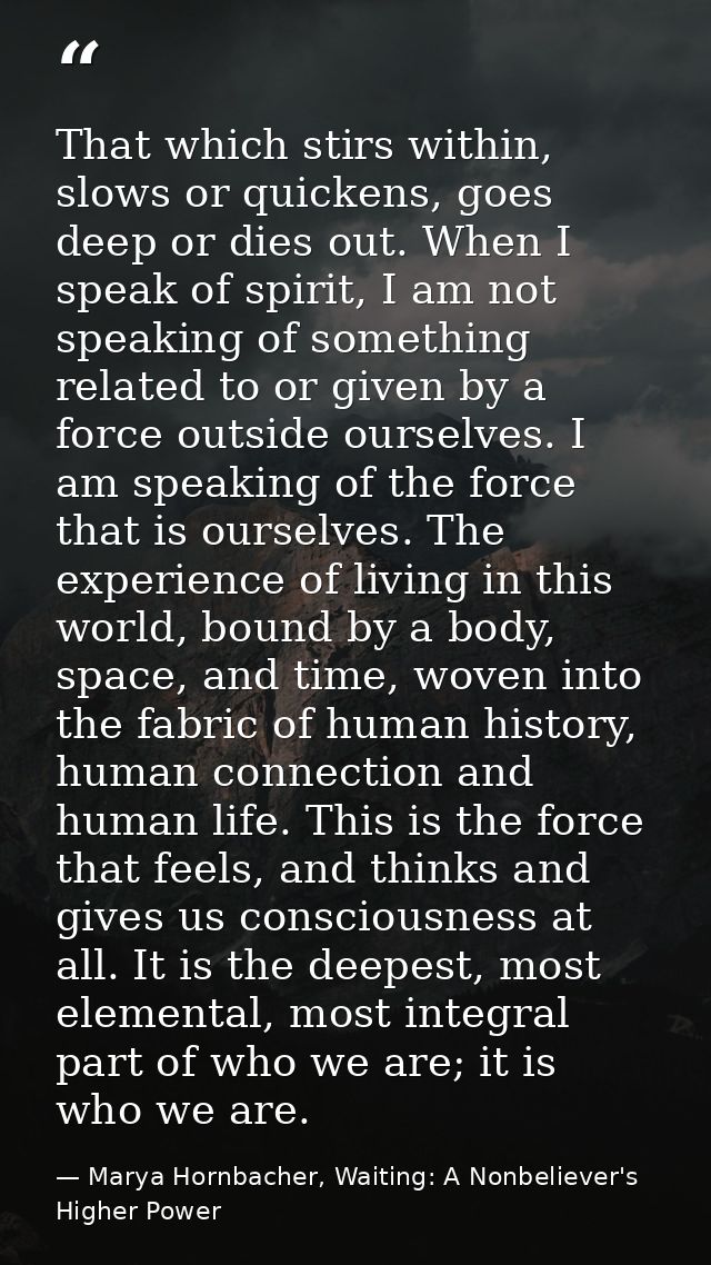 That which stirs within, slows or quickens, goes deep or dies out. When I speak of spirit, I am not speaking of somethin — Marya Hornbacher, Waiting: A Nonbeliever's Higher Power