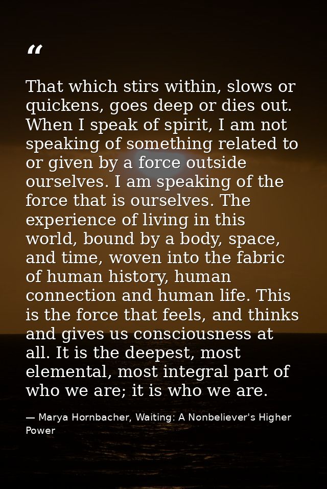 That which stirs within, slows or quickens, goes deep or dies out. When I speak of spirit, I am not speaking of somethin — Marya Hornbacher, Waiting: A Nonbeliever's Higher Power