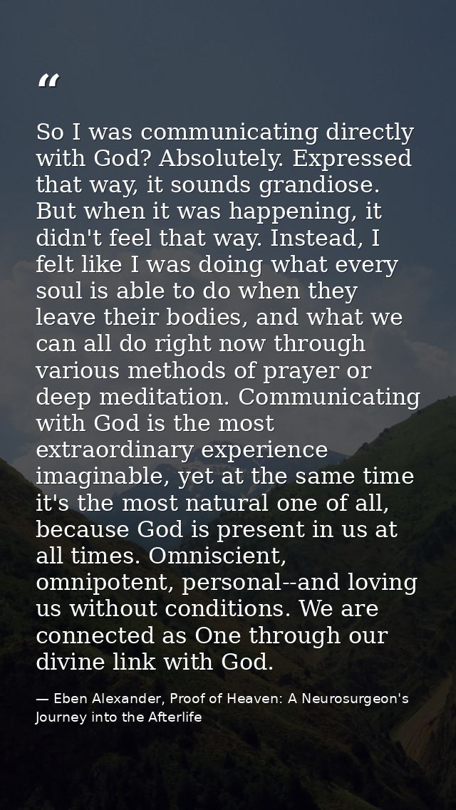 So I was communicating directly with God? Absolutely. Expressed that way, it sounds grandiose. But when it was happening — Eben Alexander, Proof of Heaven: A Neurosurgeon's Journey into the Afterlife