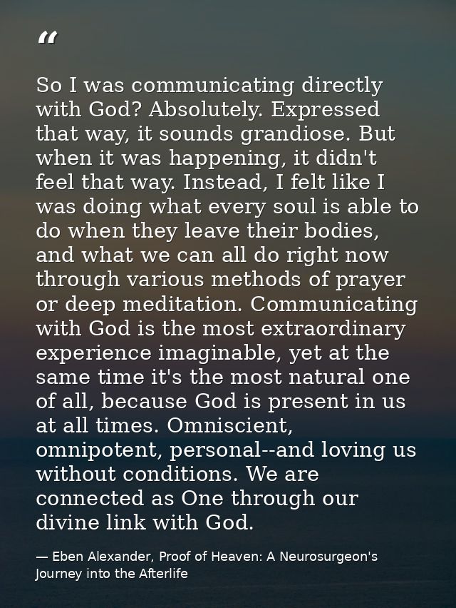 So I was communicating directly with God? Absolutely. Expressed that way, it sounds grandiose. But when it was happening — Eben Alexander, Proof of Heaven: A Neurosurgeon's Journey into the Afterlife