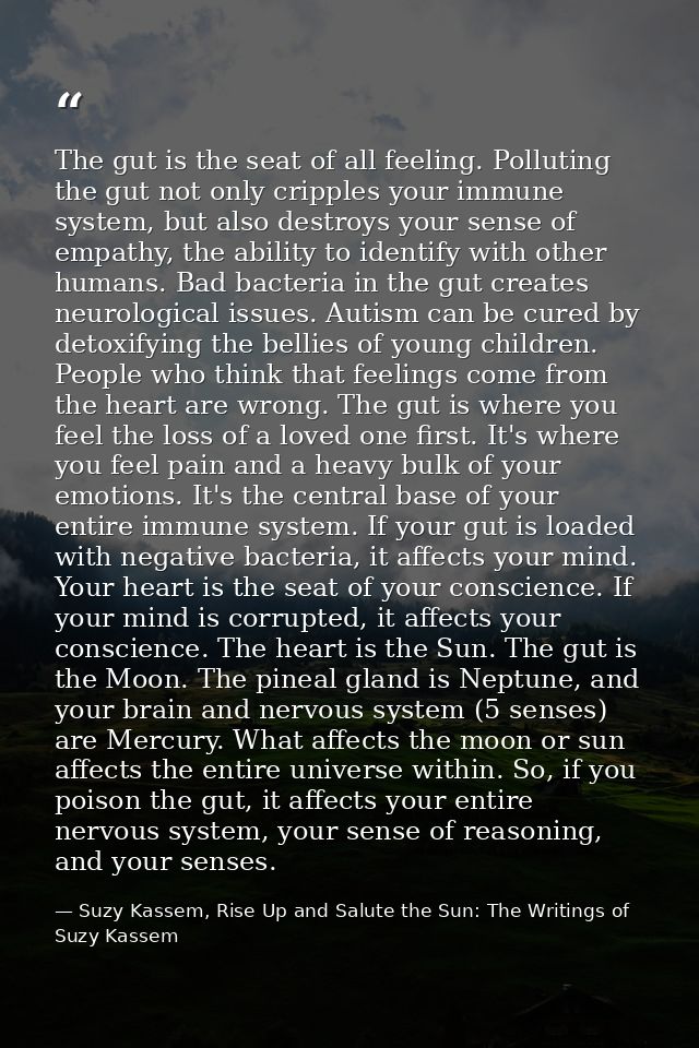 The gut is the seat of all feeling. Polluting the gut not only cripples your immune system, but also destroys your sense — Suzy Kassem, Rise Up and Salute the Sun: The Writings of Suzy Kassem