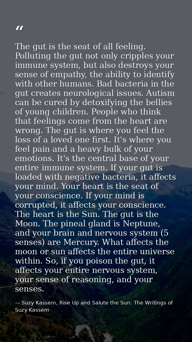 The gut is the seat of all feeling. Polluting the gut not only cripples your immune system, but also destroys your sense — Suzy Kassem, Rise Up and Salute the Sun: The Writings of Suzy Kassem