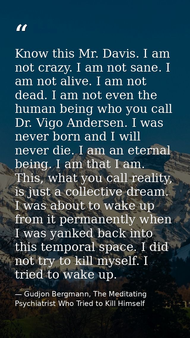 Know this Mr. Davis. I am not crazy. I am not sane. I am not alive. I am not dead. I am not even the human being who you — Gudjon Bergmann, The Meditating Psychiatrist Who Tried to Kill Himself