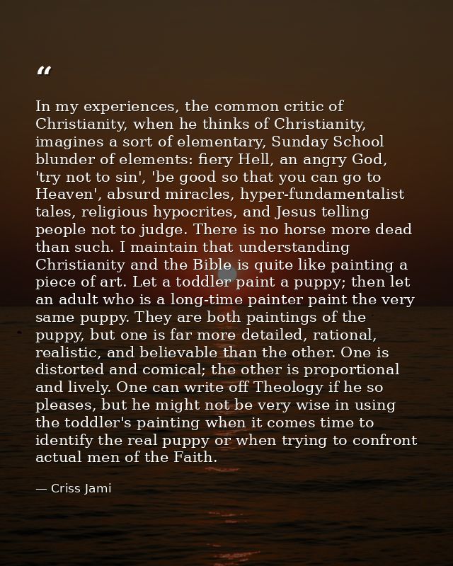 In my experiences, the common critic of Christianity, when he thinks of Christianity, imagines a sort of elementary, Sun — Criss Jami