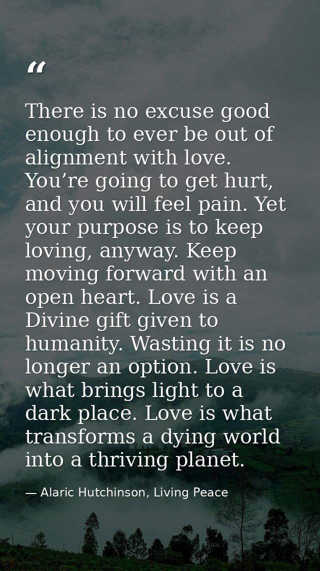 There is no excuse good enough to ever be out of alignment with love. You’re going to get hurt, and you will feel pain.  — Alaric Hutchinson, Living Peace