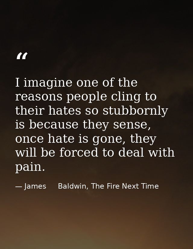 I imagine one of the reasons people cling to their hates so stubbornly is because they sense, once hate is gone, they wi — James     Baldwin, The Fire Next Time
