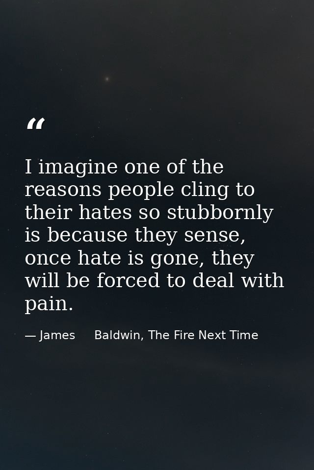 I imagine one of the reasons people cling to their hates so stubbornly is because they sense, once hate is gone, they wi — James     Baldwin, The Fire Next Time