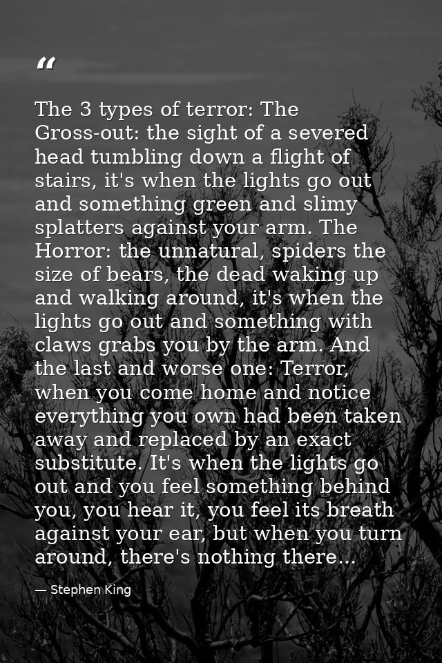 The 3 types of terror: The Gross-out: the sight of a severed head tumbling down a flight of stairs, it's when the lights — Stephen King