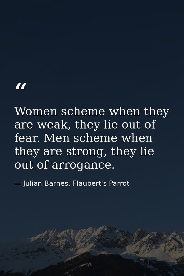 Women scheme when they are weak, they lie out of fear. Men scheme when they are strong, they lie out of arrogance. — Julian Barnes, Flaubert's Parrot