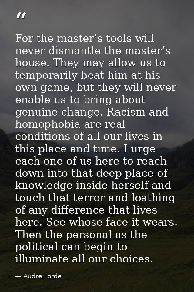 For the master’s tools will never dismantle the master’s house. They may allow us to temporarily beat him at his own gam — Audre Lorde