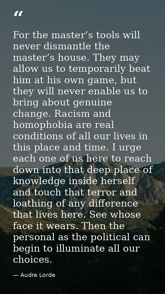 For the master’s tools will never dismantle the master’s house. They may allow us to temporarily beat him at his own gam — Audre Lorde