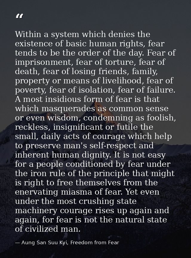 Within a system which denies the existence of basic human rights, fear tends to be the order of the day. Fear of impriso — Aung San Suu Kyi, Freedom from Fear