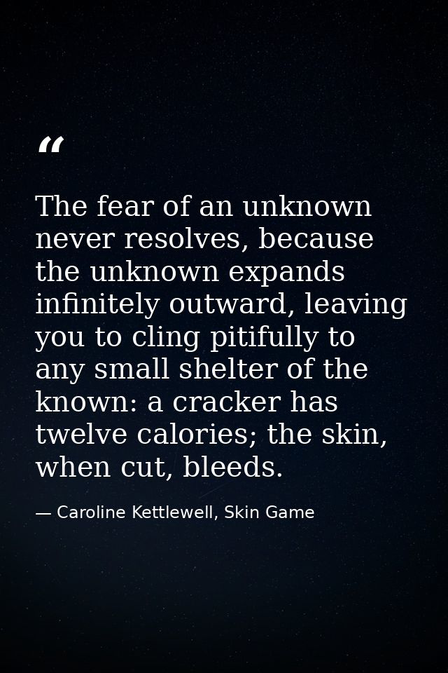 The fear of an unknown never resolves, because the unknown expands infinitely outward, leaving you to cling pitifully to — Caroline Kettlewell, Skin Game