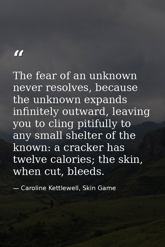 The fear of an unknown never resolves, because the unknown expands infinitely outward, leaving you to cling pitifully to — Caroline Kettlewell, Skin Game