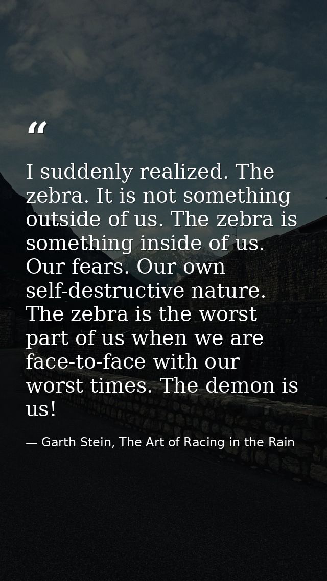 I suddenly realized. The zebra. It is not something outside of us. The zebra is something inside of us. Our fears. Our o — Garth Stein, The Art of Racing in the Rain