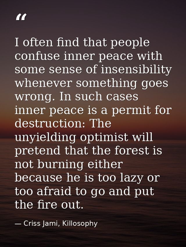 I often find that people confuse inner peace with some sense of insensibility whenever something goes wrong. In such cas — Criss Jami, Killosophy