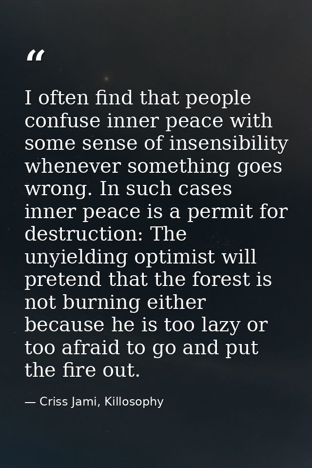 I often find that people confuse inner peace with some sense of insensibility whenever something goes wrong. In such cas — Criss Jami, Killosophy